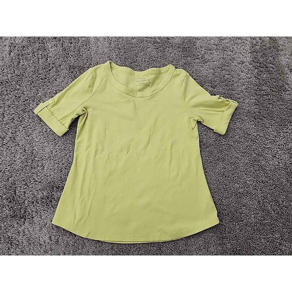 Talbots Weekend Tee SP PETITES Lime Green Scoop Neck Roll-Cuff Sleeve Casual